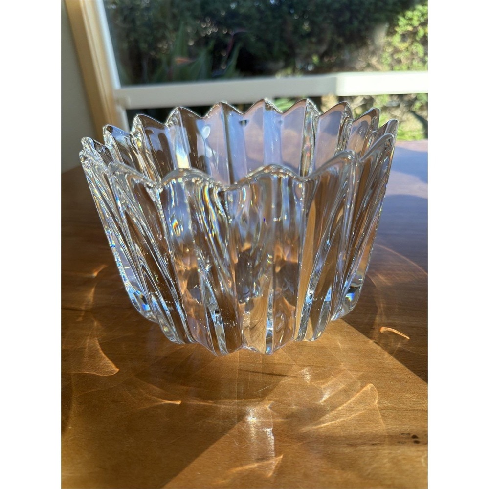 Signed Orrefors Crystal Bowl 7.5" Heavy Clear Art Glass‎ Sculptural Sweden